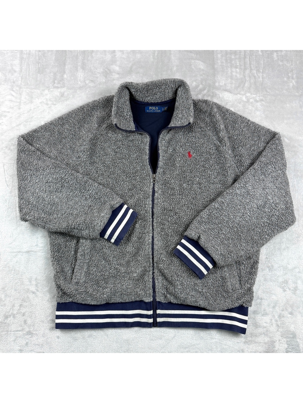 Polo Ralph Lauren Gray Sherpa Fleece Full Zip Jacket Sz L Striped Trim Cozy Prep